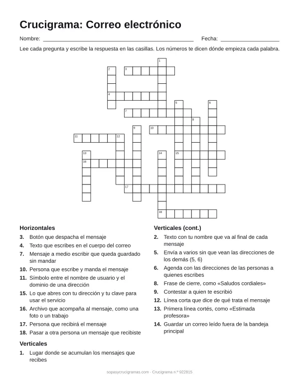 Hoja para imprimir del crucigrama del correo electrónico: cuadrícula numerada de 19 × 18 con 9 palabras horizontales y 9 verticales, y la lista de pistas.