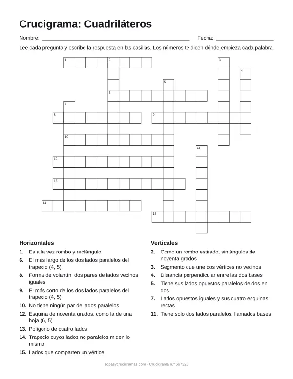 Hoja para imprimir del crucigrama de cuadriláteros: cuadrícula numerada de 16 × 19 con 9 palabras horizontales y 6 verticales, y la lista de pistas.