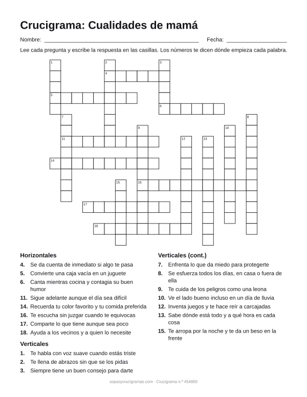 Hoja para imprimir del crucigrama de cualidades de mamá: cuadrícula numerada de 17 × 19 con 8 palabras horizontales y 10 verticales, y la lista de pistas.
