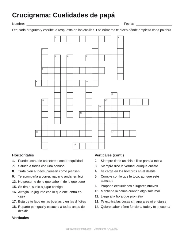 Hoja para imprimir del crucigrama de cualidades de papá: cuadrícula numerada de 18 × 18 con 9 palabras horizontales y 9 verticales, y la lista de pistas.