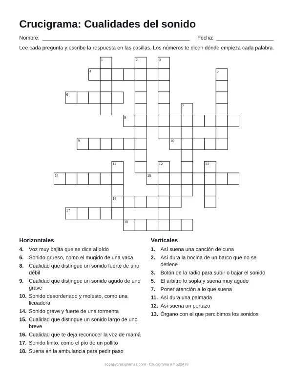 Hoja para imprimir del crucigrama de las cualidades del sonido: cuadrícula numerada de 15 × 16 con 10 palabras horizontales y 8 verticales, y la lista de pistas.