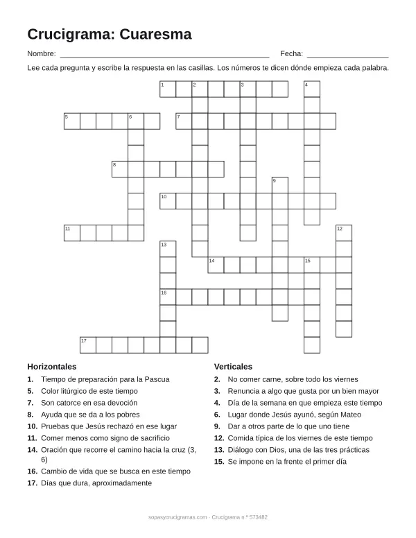 Hoja para imprimir del crucigrama de la Cuaresma: cuadrícula numerada de 17 × 18 con 9 palabras horizontales y 8 verticales, y la lista de pistas.