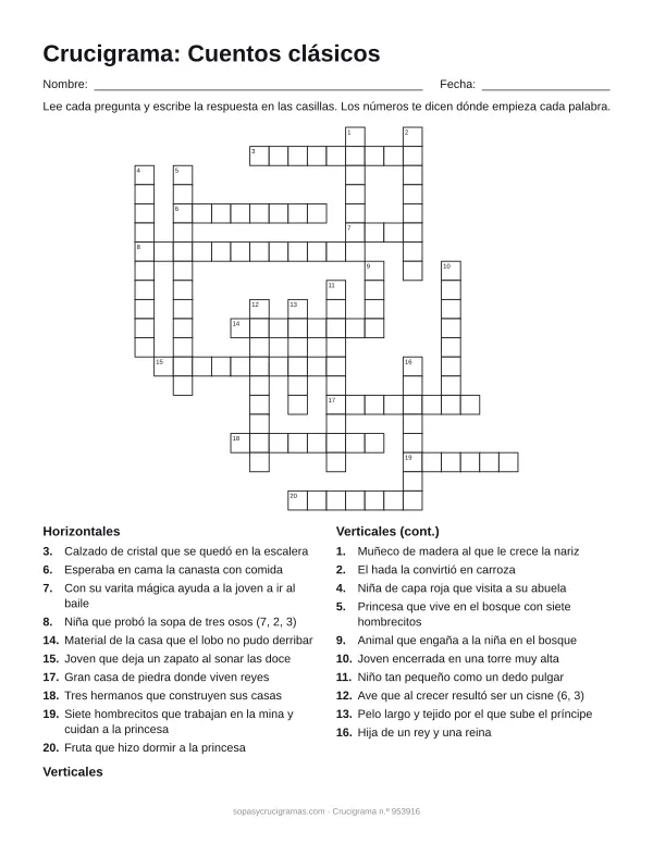 Hoja para imprimir del crucigrama de cuentos clásicos: cuadrícula numerada de 20 × 20 con 10 palabras horizontales y 10 verticales, y la lista de pistas.