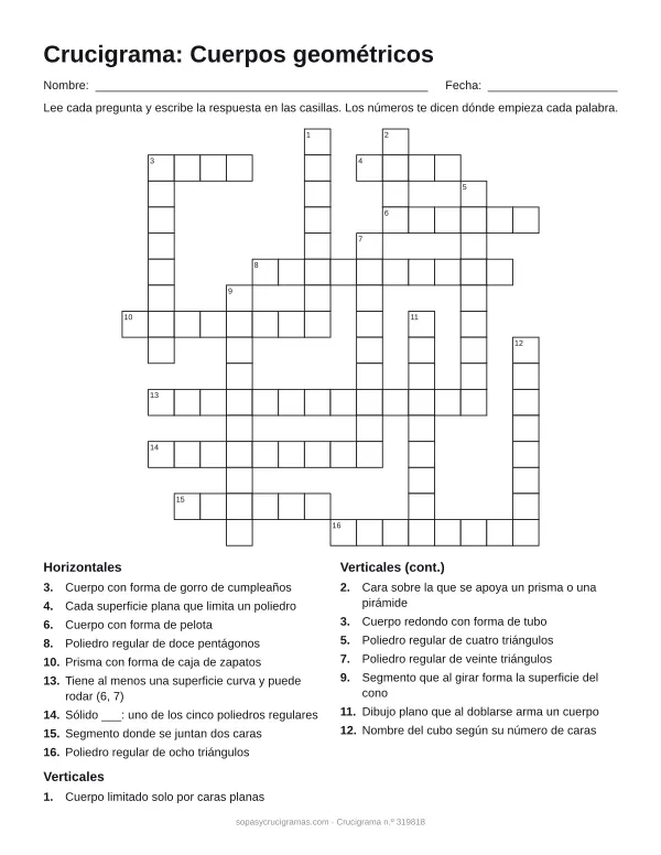 Hoja para imprimir del crucigrama de cuerpos geométricos: cuadrícula numerada de 16 × 16 con 9 palabras horizontales y 8 verticales, y la lista de pistas.