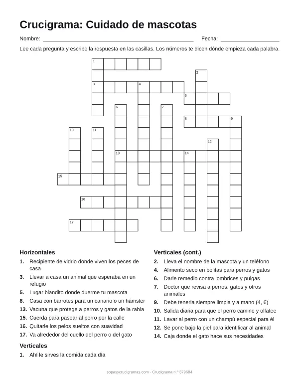 Hoja para imprimir del crucigrama del cuidado de las mascotas: cuadrícula numerada de 16 × 16 con 8 palabras horizontales y 10 verticales, y la lista de pistas.
