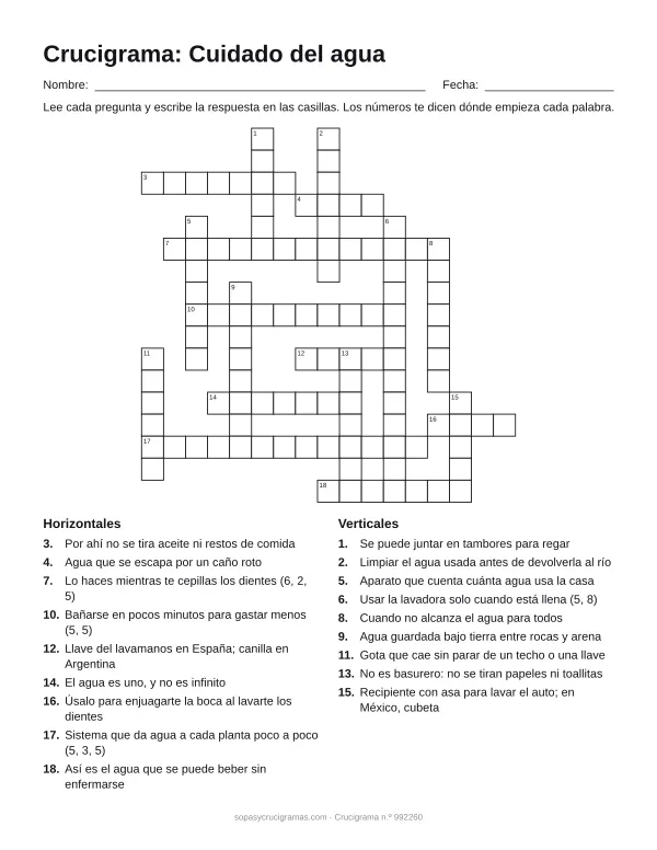 Hoja para imprimir del crucigrama del cuidado del agua: cuadrícula numerada de 17 × 17 con 9 palabras horizontales y 9 verticales, y la lista de pistas.