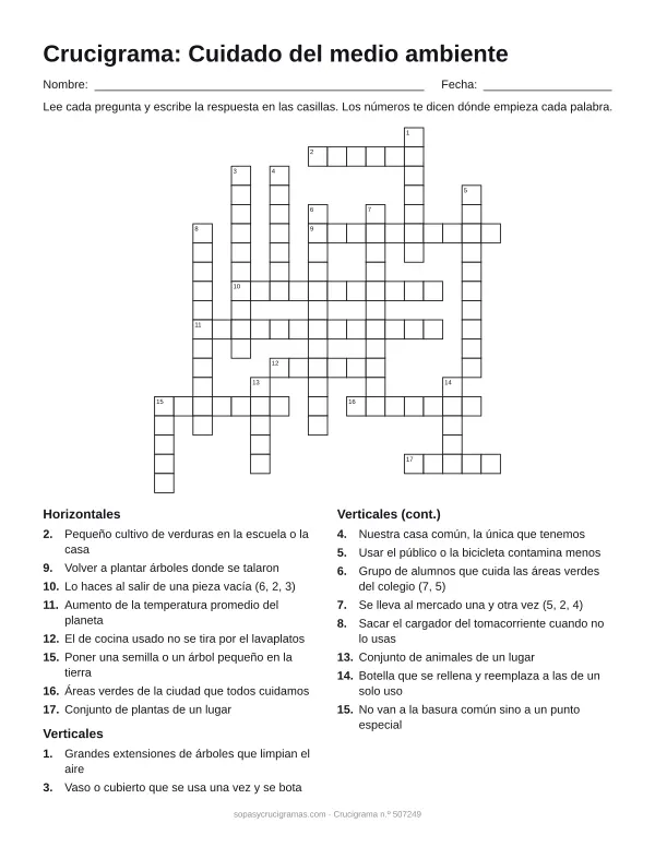 Hoja para imprimir del crucigrama del cuidado del medio ambiente: cuadrícula numerada de 19 × 18 con 8 palabras horizontales y 10 verticales, y la lista de pistas.