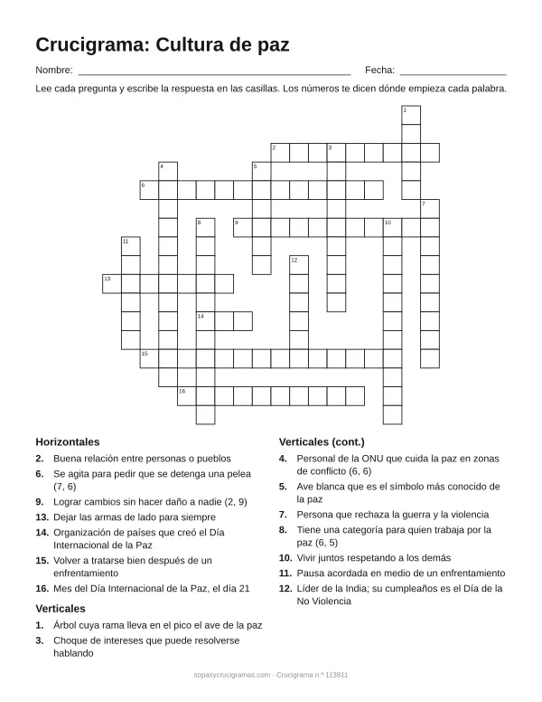Hoja para imprimir del crucigrama de la cultura de paz: cuadrícula numerada de 17 × 18 con 7 palabras horizontales y 9 verticales, y la lista de pistas.