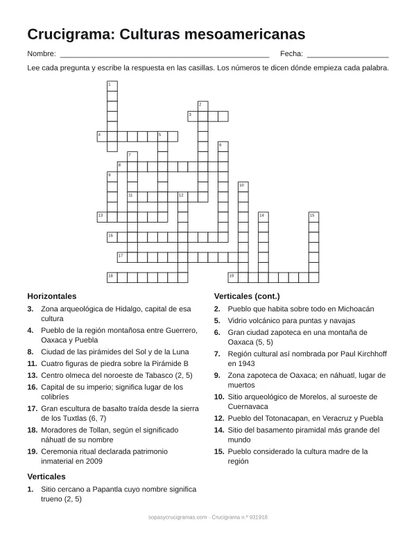 Hoja para imprimir del crucigrama de las culturas mesoamericanas: cuadrícula numerada de 20 × 22 con 9 palabras horizontales y 10 verticales, y la lista de pistas.