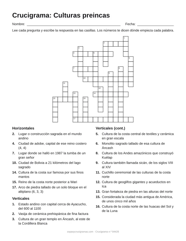 Hoja para imprimir del crucigrama de las culturas preincas: cuadrícula numerada de 17 × 16 con 7 palabras horizontales y 12 verticales, y la lista de pistas.