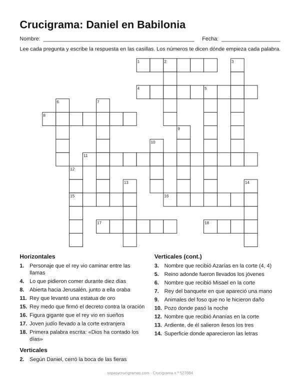 Hoja para imprimir del crucigrama de Daniel en Babilonia: cuadrícula numerada de 14 × 16 con 8 palabras horizontales y 10 verticales, y la lista de pistas.