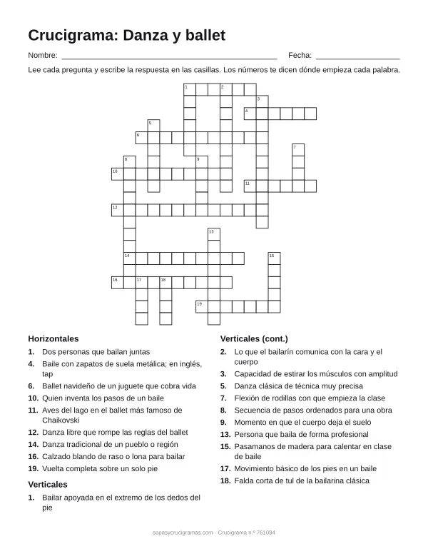 Hoja para imprimir del crucigrama de danza y ballet: cuadrícula numerada de 20 × 17 con 9 palabras horizontales y 11 verticales, y la lista de pistas.