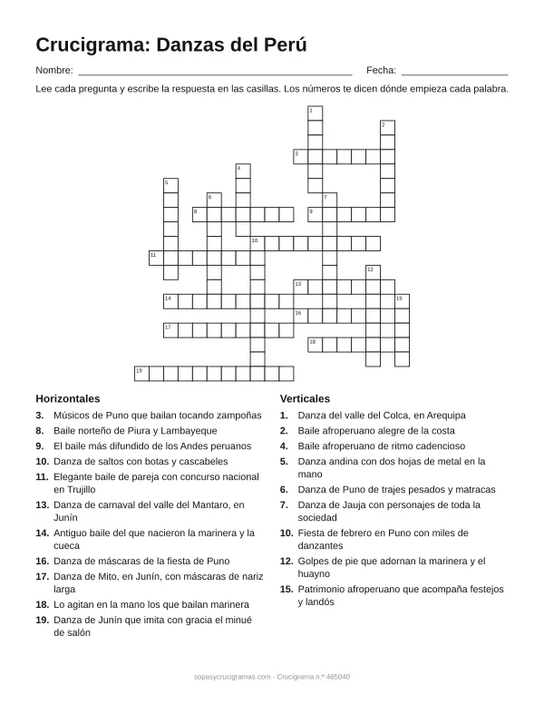 Hoja para imprimir del crucigrama de danzas del Perú: cuadrícula numerada de 19 × 19 con 11 palabras horizontales y 9 verticales, y la lista de pistas.