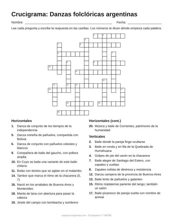 Hoja para imprimir del crucigrama del folclore argentino: cuadrícula numerada de 18 × 17 con 11 palabras horizontales y 9 verticales, y la lista de pistas.