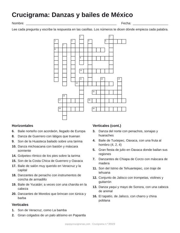 Hoja para imprimir del crucigrama de danzas y bailes de México: cuadrícula numerada de 20 × 17 con 10 palabras horizontales y 10 verticales, y la lista de pistas.