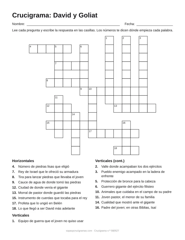 Hoja para imprimir del crucigrama de David y Goliat: cuadrícula numerada de 14 × 15 con 9 palabras horizontales y 9 verticales, y la lista de pistas.
