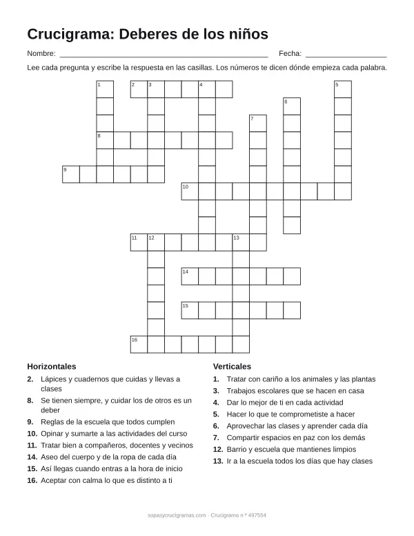 Hoja para imprimir del crucigrama de los deberes de los niños: cuadrícula numerada de 16 × 17 con 8 palabras horizontales y 8 verticales, y la lista de pistas.