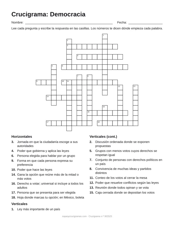 Hoja para imprimir del crucigrama de la democracia: cuadrícula numerada de 19 × 20 con 9 palabras horizontales y 9 verticales, y la lista de pistas.