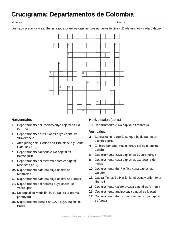 Hoja para imprimir del crucigrama de los departamentos de Colombia: cuadrícula numerada de 17 × 16 con 11 palabras horizontales y 9 verticales, y la lista de pistas.
