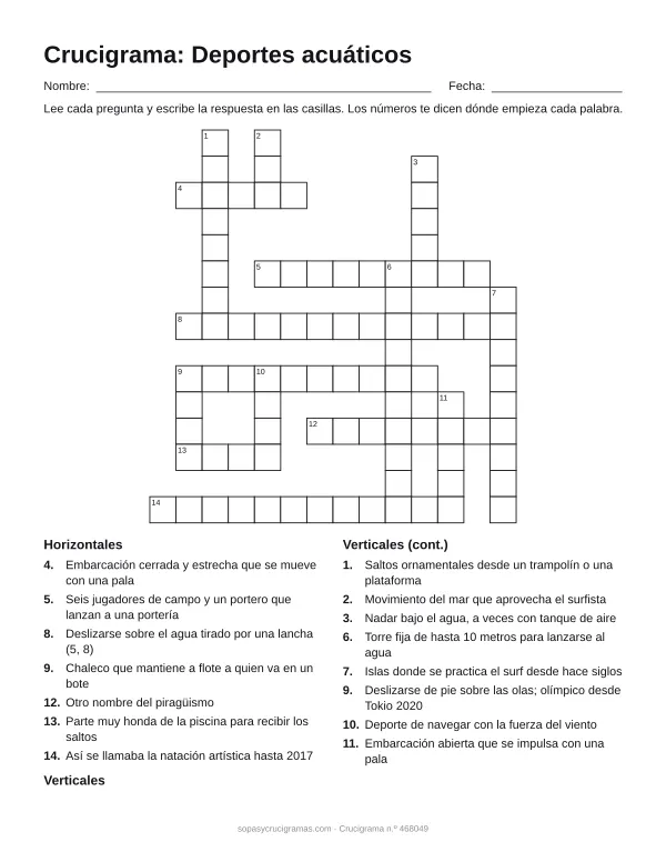 Hoja para imprimir del crucigrama de deportes acuáticos: cuadrícula numerada de 15 × 14 con 7 palabras horizontales y 8 verticales, y la lista de pistas.