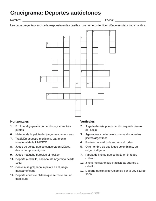 Hoja para imprimir del crucigrama de deportes autóctonos: cuadrícula numerada de 15 × 13 con 8 palabras horizontales y 7 verticales, y la lista de pistas.