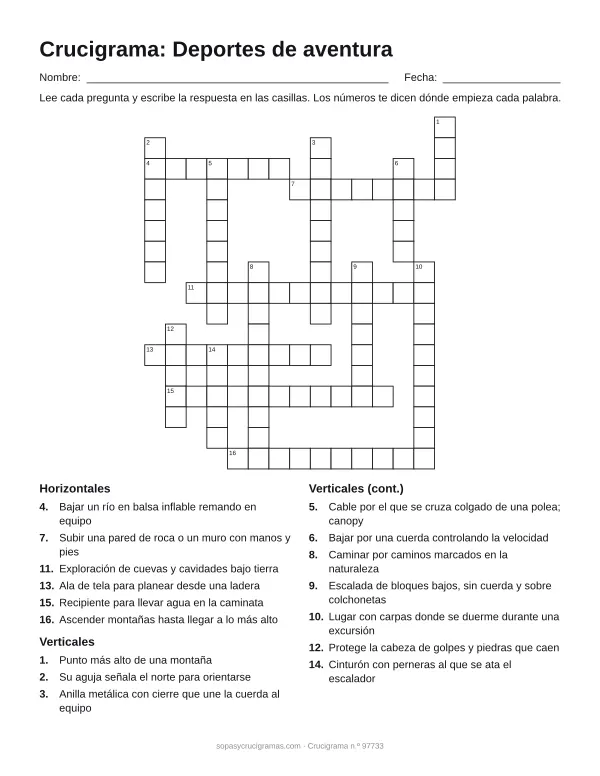 Hoja para imprimir del crucigrama de deportes de aventura: cuadrícula numerada de 17 × 15 con 6 palabras horizontales y 10 verticales, y la lista de pistas.
