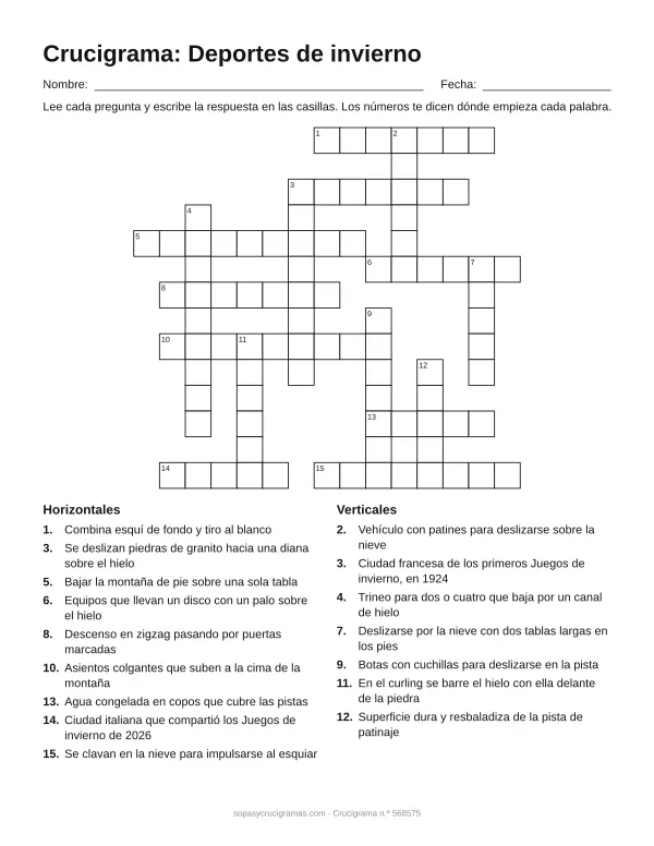 Hoja para imprimir del crucigrama de deportes de invierno: cuadrícula numerada de 14 × 15 con 9 palabras horizontales y 7 verticales, y la lista de pistas.