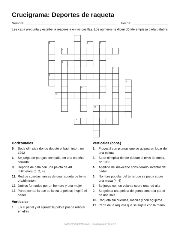Hoja para imprimir del crucigrama de deportes de raqueta: cuadrícula numerada de 16 × 13 con 6 palabras horizontales y 9 verticales, y la lista de pistas.