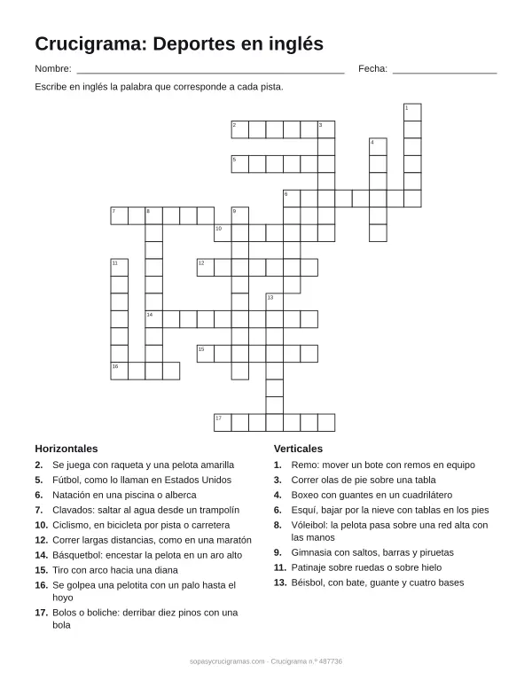 Hoja para imprimir del crucigrama de deportes en inglés: cuadrícula numerada de 19 × 18 con 10 palabras horizontales y 8 verticales, y la lista de pistas.