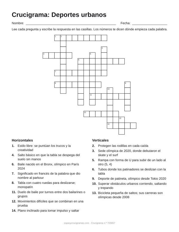 Hoja para imprimir del crucigrama de deportes urbanos: cuadrícula numerada de 17 × 16 con 8 palabras horizontales y 7 verticales, y la lista de pistas.