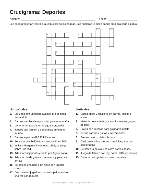 Hoja para imprimir del crucigrama de deportes: cuadrícula numerada de 17 × 18 con 11 palabras horizontales y 9 verticales, y la lista de pistas.