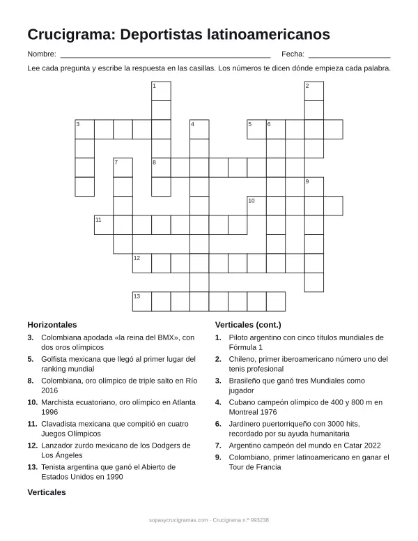 Hoja para imprimir del crucigrama de deportistas latinoamericanos: cuadrícula numerada de 12 × 14 con 7 palabras horizontales y 7 verticales, y la lista de pistas.