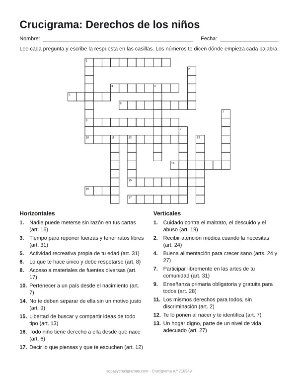 Hoja para imprimir del crucigrama de los derechos de los niños: cuadrícula numerada de 17 × 19 con 10 palabras horizontales y 8 verticales, y la lista de pistas.