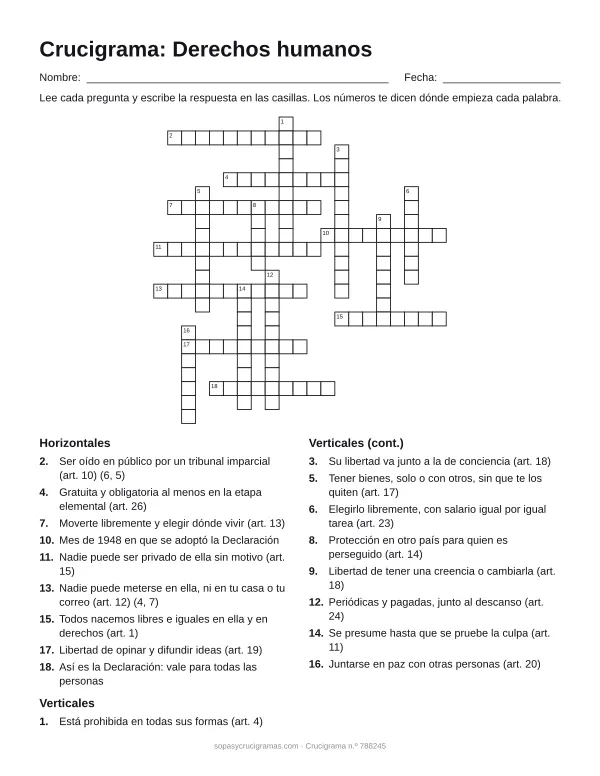 Hoja para imprimir del crucigrama de los derechos humanos: cuadrícula numerada de 22 × 21 con 9 palabras horizontales y 9 verticales, y la lista de pistas.