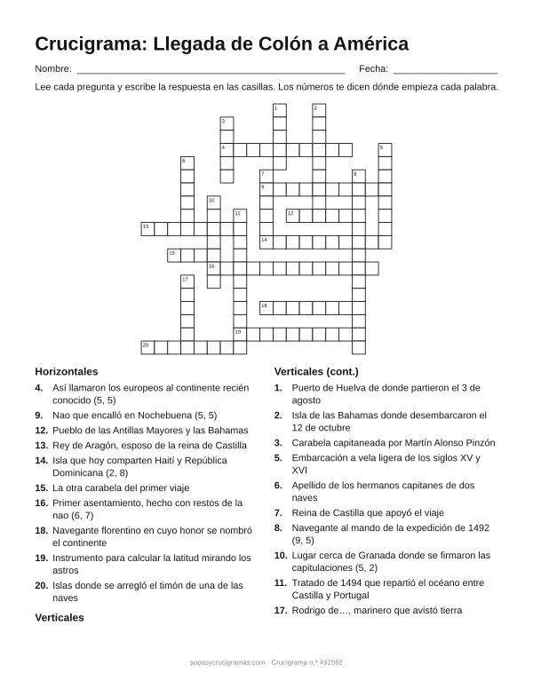 Hoja para imprimir del crucigrama de la llegada de Colón a América: cuadrícula numerada de 19 × 19 con 10 palabras horizontales y 10 verticales, y la lista de pistas.