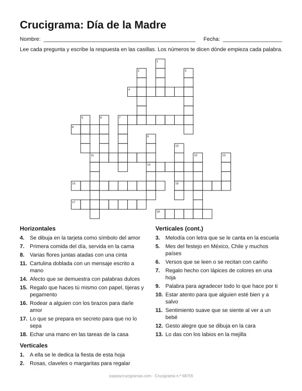 Hoja para imprimir del crucigrama del Día de la Madre: cuadrícula numerada de 17 × 17 con 9 palabras horizontales y 11 verticales, y la lista de pistas.