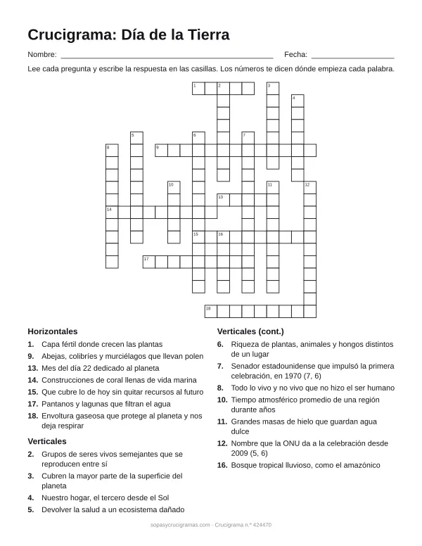 Hoja para imprimir del crucigrama del Día de la Tierra: cuadrícula numerada de 19 × 17 con 7 palabras horizontales y 11 verticales, y la lista de pistas.