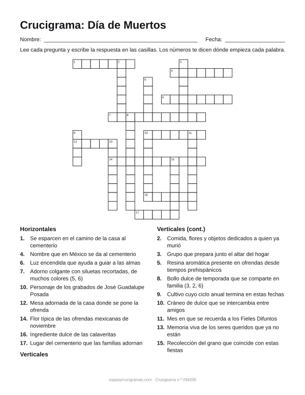 Hoja para imprimir del crucigrama del Día de Muertos: cuadrícula numerada de 18 × 18 con 9 palabras horizontales y 9 verticales, y la lista de pistas.