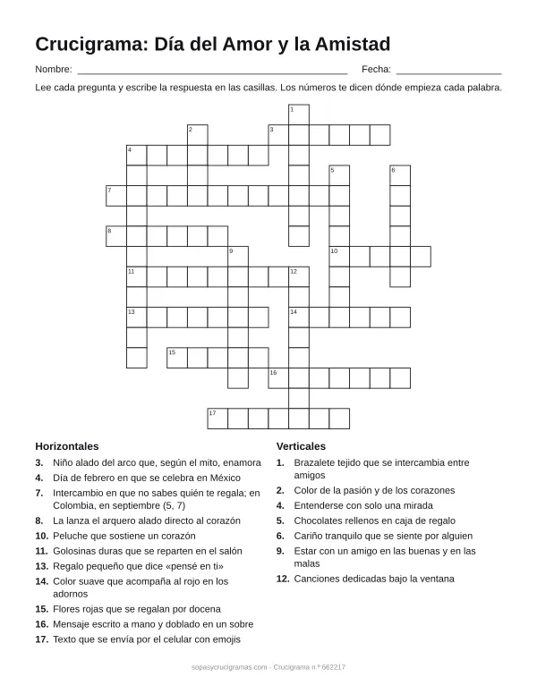 Hoja para imprimir del crucigrama del Día del Amor y la Amistad: cuadrícula numerada de 16 × 16 con 11 palabras horizontales y 7 verticales, y la lista de pistas.
