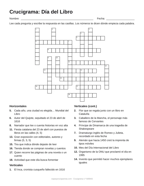 Hoja para imprimir del crucigrama del Día del Libro: cuadrícula numerada de 18 × 18 con 9 palabras horizontales y 9 verticales, y la lista de pistas.