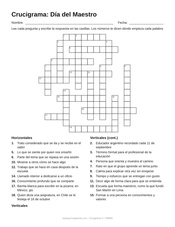 Hoja para imprimir del crucigrama del Día del Maestro: cuadrícula numerada de 16 × 16 con 9 palabras horizontales y 9 verticales, y la lista de pistas.
