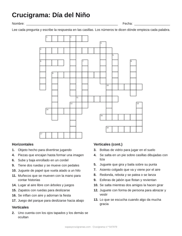 Hoja para imprimir del crucigrama del Día del Niño: cuadrícula numerada de 17 × 17 con 10 palabras horizontales y 10 verticales, y la lista de pistas.