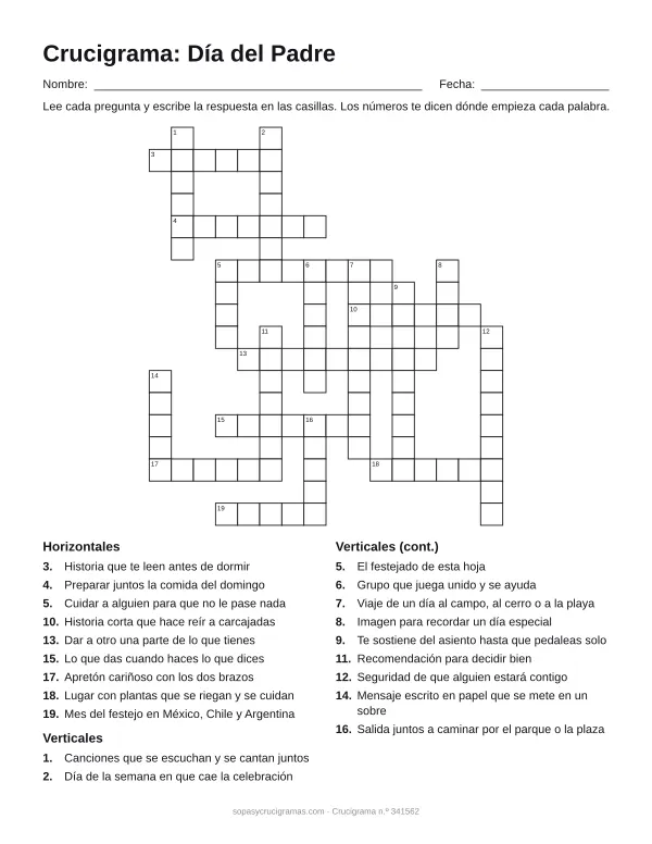 Hoja para imprimir del crucigrama del Día del Padre: cuadrícula numerada de 18 × 16 con 9 palabras horizontales y 11 verticales, y la lista de pistas.