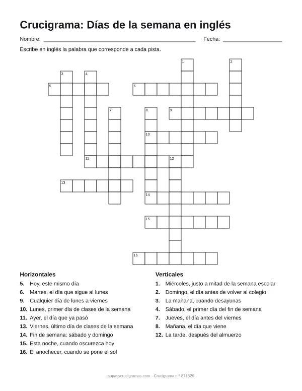 Hoja para imprimir del crucigrama de los días en inglés: cuadrícula numerada de 17 × 17 con 9 palabras horizontales y 7 verticales, y la lista de pistas.