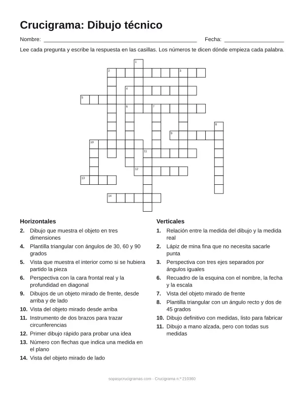 Hoja para imprimir del crucigrama de dibujo técnico: cuadrícula numerada de 17 × 16 con 10 palabras horizontales y 8 verticales, y la lista de pistas.