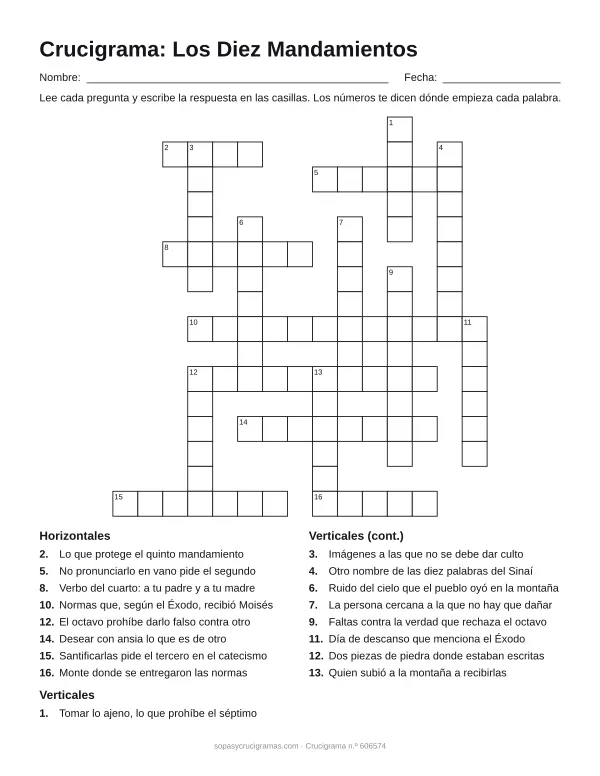 Hoja para imprimir del crucigrama de los Diez Mandamientos: cuadrícula numerada de 16 × 15 con 8 palabras horizontales y 9 verticales, y la lista de pistas.
