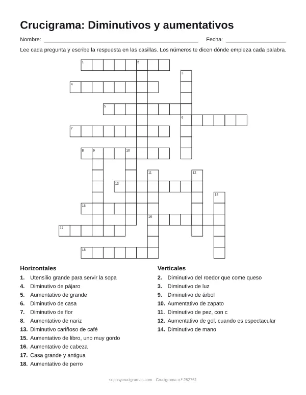 Hoja para imprimir del crucigrama de diminutivos y aumentativos: cuadrícula numerada de 18 × 17 con 11 palabras horizontales y 7 verticales, y la lista de pistas.