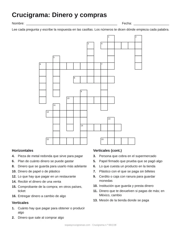 Hoja para imprimir del crucigrama del dinero y las compras: cuadrícula numerada de 16 × 15 con 8 palabras horizontales y 10 verticales, y la lista de pistas.