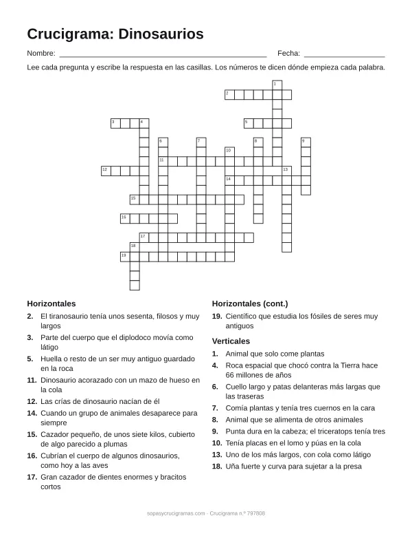 Hoja para imprimir del crucigrama de dinosaurios: cuadrícula numerada de 22 × 22 con 10 palabras horizontales y 9 verticales, y la lista de pistas.