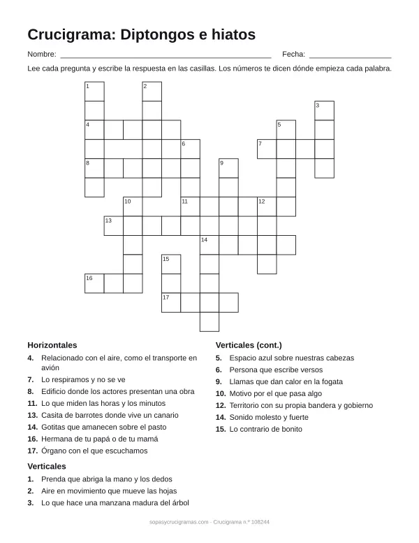 Hoja para imprimir del crucigrama de diptongos e hiatos: cuadrícula numerada de 13 × 13 con 8 palabras horizontales y 10 verticales, y la lista de pistas.